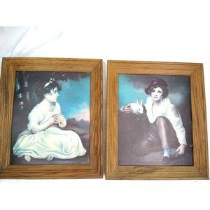 vtg set of 2 girl holding rabbit & boy w/ rabbit framed prints 15" x 13"